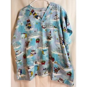 Simply Basic Women's Christmas Scrub Top 2X Holiday Peanuts Snoopy Santa Joy